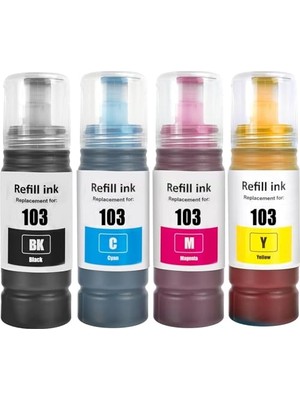 aklow akyoleticaret Mürekkep, Seti - Epson Ecotank Yazıcılar Için Siyah, Mavi, Sarı, Kırmızı, 103 L1110, L1210, L1250, L3110, L3111, L3150, L3151 ile Uyumlu 70 ml 4 Renk Muadil