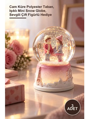 Yenilig 3 Adet Love Story Işıklı Mini Kar Küresi – Cam Küre Polyester Taban, Işıklı Mini Snow Globe, Sevgili Çift Figürlü Hediye