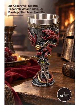 Yenilig 5 Adet Paslanmaz Çelik Kadeh Kupa – 3D Kapartmalı Ejderha Tasarımlı Metal Kadeh, Içki Bardağı, Stainless Steel Cup