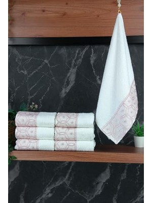 aklow akyoleticaret Dantelli Güpürlü Lüks %100 Pamuk Çeyizlik 6'lı El Yüz Havlu Seti 40X70 - Pembe - 4400