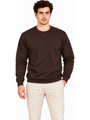 Pomeya  Erkek Bisiklet Yaka Içi Şardonlu 2 Iplik Düz Uzun Kollu Regular Fit Sweatshirt - Kahverengi