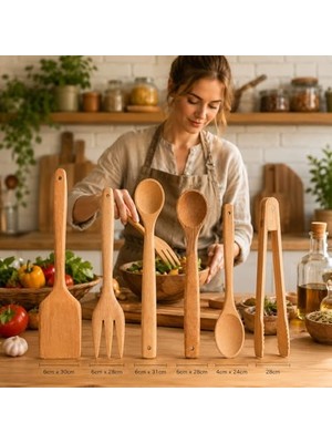 aklow akyoleticaret Doğal Şimşir Ağacından Ahşap Mutfak Seti, Spatula, Çatal, Kaşık ve Maşa, 6 Parça, Doğal Renk
