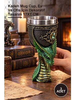 Yenilig 3 Adet Ejderha Tasarımlı 3D Kabartmalı Paslanmaz Çelik Kupa – Kadeh Mug Cup, Ev ve Ofis Için Dekoratif Tasarım 17X7 cm