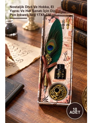 Yenilig 10 Adet Vintage Divit Hokka Seti – Nostaljik Divit ve Hokka, El Yazısı ve Hat Sanatı Için Dip Pen Inkwell Seti 17X8 cm