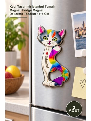 Yenilig 3 Adet Buzdolabı Süsü – Kedi Tasarımlı Istanbul Temalı Magnet, Fridge Magnet, Dekoratif Tasarım 14*7 cm