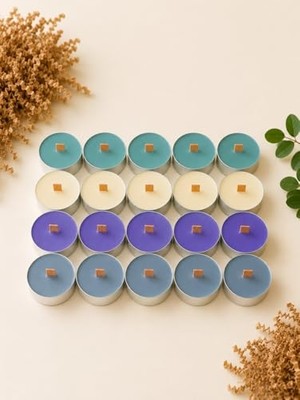 aklow akyoleticaret Sedefli Ahşap Fitil Tealight Mum Seti 20 Adet Sandal Ağacı Kokulu Yeşil Sarı Mor Gri Renkli