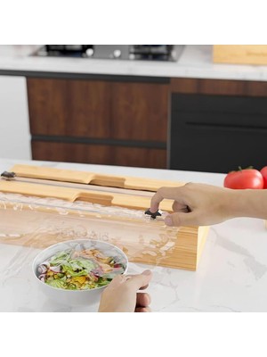Happy Trend Bambu Streç Film ve Folyo Düzenleyici, Kaydırılabilir Kesicili, 2'si 1 Arada Mutfak Çekmece Içi ve Tezgah Üstü Organizer, Alüminyum Folyo ve Yağlı Kağıt Kesici Saklama Kutusu (35,5 Cm)