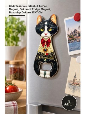 Yenilig 5 Adet Buzdolabı Süsü – Kedi Tasarımlı Istanbul Temalı Magnet, Dekoratif Fridge Magnet, Buzdolap Dekoru 15X7 cm