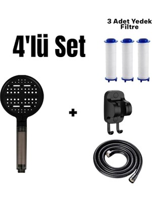 MSP Set 6 Fonksiyonlu Filtreli Duş Başlığı +3 Adet Yedek Filtre+ 150 cm Duş Hortumu + Siyah Yapışkanlı Askı Aparatı