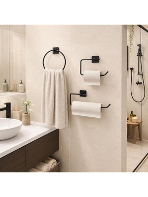 MSP Banyo 3’lü Siyah Banyo Seti, Yapışkanlı ve Vidalı Montajlı Havluluk, Tuvalet Kağıtlığı, Yuvarlak Havluluk ve Kağıt Havluluk Seti