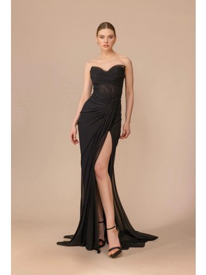 Perfect Mega Store Kenzel Yaka Taş Detaylı Straplez Abiye ELBISE-7059