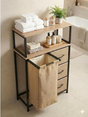 MSP Kumaşlı 3 Çekmeceli Metal Kızaklı Çamaşır Sepeti 40 Lt Kirli Sepeti 2 Raflı Banyo Dolabı