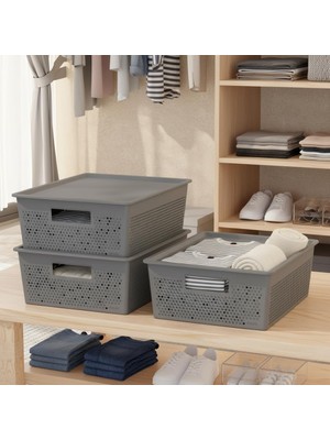 Happy Trend Seul Çok Amaçlı Kapaklı Saklama Kutusu - Şık ve Dekoratif Dolap Içi Organizer Düzenleyici (4 L / 12 L / 20 L Boy Seçenekli) 3 Renk (Gri, 12 Litre)