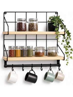MSP Mutfak Rafı - 2 Katlı Baharatlık ve 6'li Kupa Askısı - Duvar Tipi Metal Ahşap Mutfak Düzenleyici - 40X30X10 cm - Çay Kahve Organizeri - Çivi ve Vida Dahil Değildir