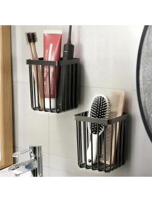 MSP Home 2'li Set Yapışkanlı Diş Fırçalık, Saç Fırçası Tarak Düzenleyici, Banyo Düzenleyici Banyo Rafı Siyah