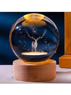MSP 3D Kristal Cam Küre, Ahşap Soketli Gece Lambası,led, Sevgiliye Hediye, Noel, Öğretmenler Günü, Özel Tasarım Harika Bir Hediye (Geyik)