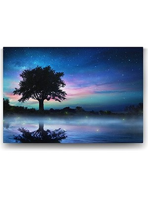 aklow akyoleticaret Yıldızlı Gecede Yalnız Ağaç Tablosu - 75X50 cm