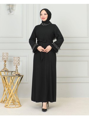 Perfect Mega Store Patisca Yaka ve Kol Taş Detaylı ELBISE-1001