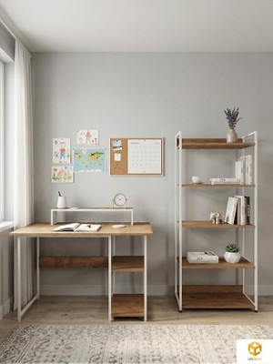 MSP 2 Set Kitaplıklı Masa Raflı Çalışma Masası 5 Raflı Kitaplık Monitör Yükseltici, Beyaz - Çam