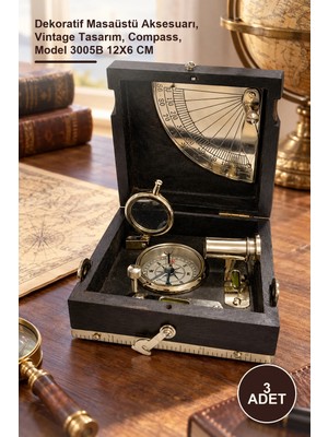 Yenilig 3 Adet Ahşap Kutulu Pirinç Işlemeli Pusula – Dekoratif Masaüstü Aksesuarı, Vintage Tasarım, Compass, Model 3005B 12X6 cm