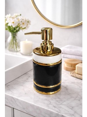 MSP Luxury Gold Detaylı Beyaz Porselen Sıvı Sabunluk – Gold Başlıklı Banyo & Lavabo Sabunluk (Siyah, Mona)