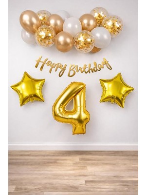 MSP Konsept Doğum Günü Kutlama Seti; Beyaz Gold Konfetili Balon, Rakam Yıldız Folyo ve Banner (4 Yaş)