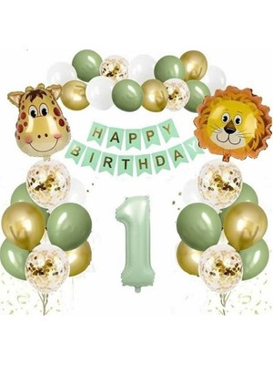 MSP Temalı 1 Yaş Doğum Günü Balon Seti, Aslan Zürafa Folyo Balon, Rakam Balon, Happy Birthday Pankartı
