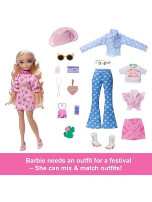 MSP Dream Besties Festival Kombinleri Seti, Şekillendirilmiş Uzun Sarı Saçlarıyla Barbie 'malibu' Bebek, 10'dan Fazla Çıkarılabilir Kıyafet ve Aksesuar, JGH87