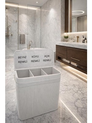 MSP Bambu 3 Bölmeli Çamaşır Kirli Sepeti 52X32X60CM Büyük Boy 100 Lt (Beyaz)