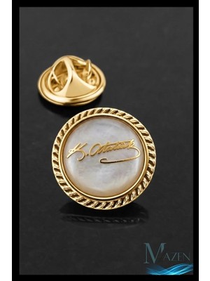 MSP Beyaz Mineli Atatürk Imzalı Yaka Rozeti, Gold Metal, Kararmaz, Unisex
