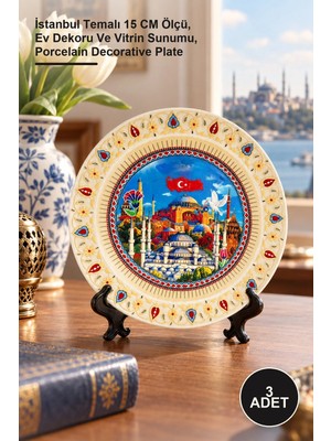 Yenilig 3 Adet Porselen Dekoratif Tabak – Istanbul Temalı 15 cm Ölçü, Ev Dekoru ve Vitrin Sunumu, Porcelain Decorative Plate