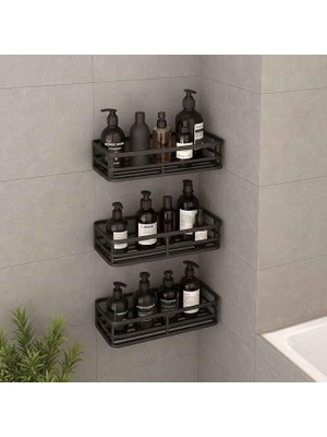 MSP Banyo Düzenleyici Organizer Siyah, Yapışkanlı Duş Rafı Şampuanlık Havluluk Havlupan Askısı, Banyo Mutfak Duvar (Siyah, 3)