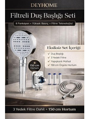 MSP Set Filtreli Duş Başlığı 6 Fonksiyonlu Yüksek Basınçlı, Yapışkanlı Askı, Örgülü Hortum ve Yedek Filtre Seti