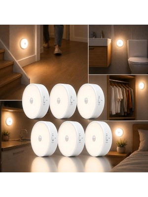 MSP LED Lamba Seti – USB Şarjlı Hareket Sensörlü Gece Lambası, 3 Işık Modlu Manyetik Kablosuz Aydınlatma, Dolap, Merdiven, Yatak Odası ve Banyo Için (6'lı Paket)