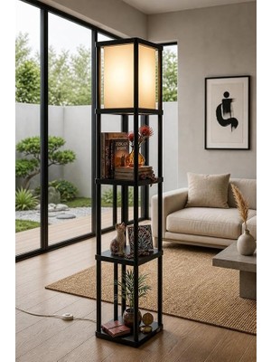 MSP Raflı Lambader Siyah, 135 cm Modern Sehpalı Lambader, E27 Duy, 23 x 23 cm Raf, Salon, Yatak Odası ve Ofis Aydınlatması