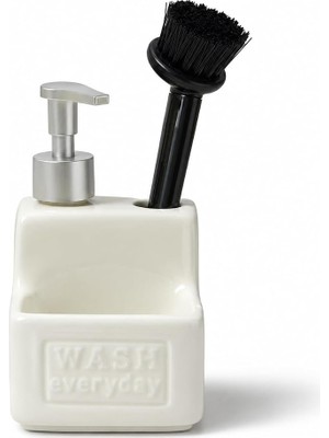 MSP Seramik Sıvı Sabunluk ve Fırçalık 500 ml - Pompalı Deterjanlık - Entegre Bulaşık Fırçası Hazneli Mutfak ve Banyo Dispenseri - 11 x 11 x 18 cm Tezgah Üstü Düzenleyici(Krem)
