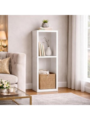 MSP Modern Minimalist 2 Raflı Dekoratif Kitaplık ve Yan Sehpa – Beyaz, Dikey Tasarım