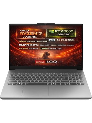 MSP Loq 15ARP10E Amd Ryzen 7 7735HS 16GB 1tb SSD Rtx 3050 6gb 15.6" Fhd (1920X1080) IPS 144Hz Freedos Taşınabilir Bilgisayar 83S00032TR