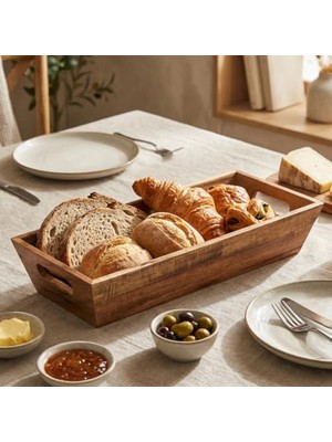 aklow akyoleticaret Akasya Ekmek Sepeti 33 x 15 Cm; Dikdörtgen Ahşap Ekmeklik, Sunum ve Servis Sepeti, Tezgah ve Kahvaltılık Düzenleyici