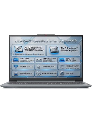 MSP Ideapad Slim 3 15AMN8 | Amd Ryzen 5 7520U | Integrated Amd Radeon 610M Graphics | 15.6" Fhd (1920X1080) Tn 250NITS | 8gb Ram | 512GB M2 Nvme SSD | Freedos | 82XQ00RWTX