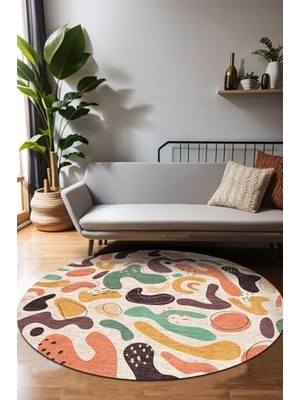 aklow akyoleticaret Selone Modern Desenli Şönil Pamuk Tabanlı Yıkanabilir Kaymaz Antibakteriyel Yuvarlak Salon Halısı 160X160