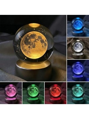 aklow akyoleticaret Dolunay Kristal Cam Küre Renk Değiştiren LED Işıklı Gece Lambası Dekoratif Hediyelik