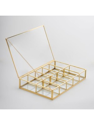 aklow akyoleticaret 30X20X6 cm Organizer Pirinç Gold Cam Makyaj Takı Aksesuar Kutusu