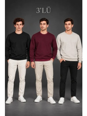 Pomeya  Erkek 3lü Bisiklet Yaka Içi Şardonlu 2 Iplik Düz Uzun Kollu Regular Fit Sweatshirt - Siyah - Bordo - Gri