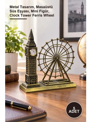 Yenilig 5 Adet Metal Saat Kulesi Dönme Dolap Dekoratif Model – Metal Tasarım, Masaüstü Süs Eşyası, Mini Figür, Clock Tower Ferris Wheel