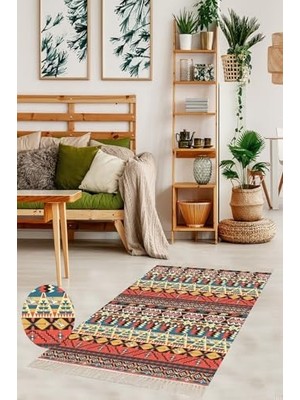 aklow akyoleticaret Kilim Desenli Etnik Dijital Baskı Yıkanabilir Kaymaz Taban Modern Salon Halısı ve Yolluk, Turuncu-Petrol 80 x 600