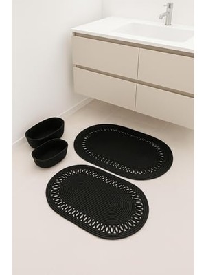 aklow akyoleticaret Terra 4'lü Banyo Seti – 2'li Oval Paspas & 2'li Oval Sepet, Doğal Halat Dokuma, El Yapımı - Premium Siyah 50 x 80