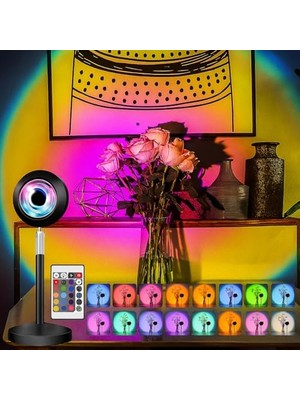 aklow akyoleticaret Rgb Sunset Gün Batımı Projektörü, 16 Renk Modlu LED Ambiyans Işığı, Hd Kristal Lens, 360° Döner Başlık, Uzaktan Kumandalı