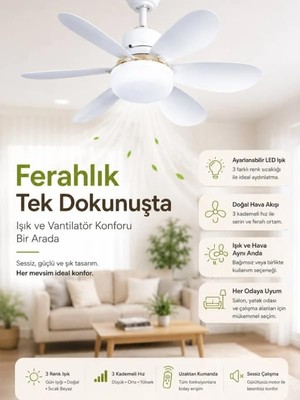 aklow akyoleticaret Işıklı Uzaktan Kumandalı Lamba Işıklı Pervane LED Kanatlı Tavan Vantilatörü Sessiz Çalışan