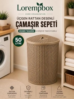 Mey İthalat Lorempbox 50 L Üçgen Rattan Desenli Çamaşır Sepeti Köşe Uyumlu Bej, Iç Mekan Kullanımı, Taşınabilir